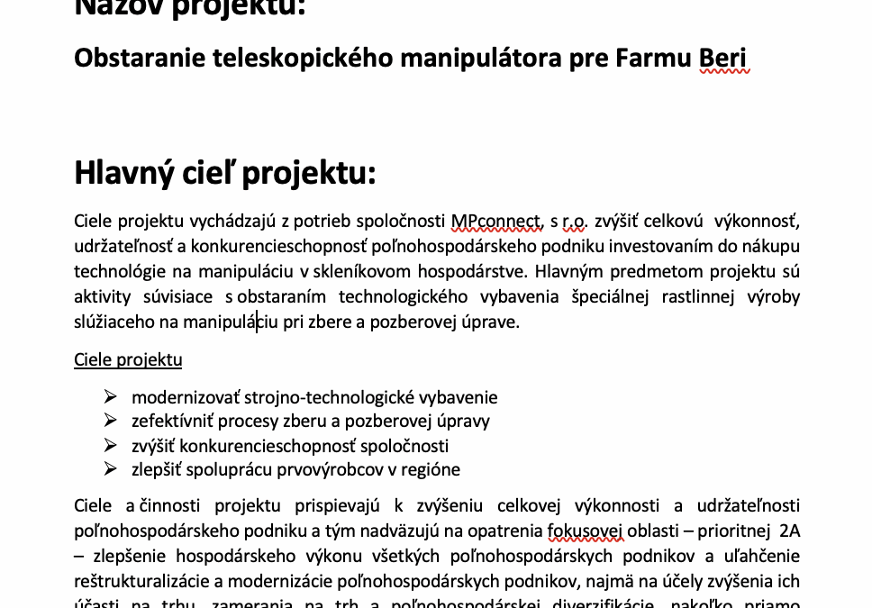 Obstaranie teleskopického manipulátora pre Farmu Beri